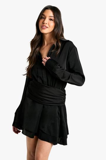 Black Satin Ruched Shirt Dress