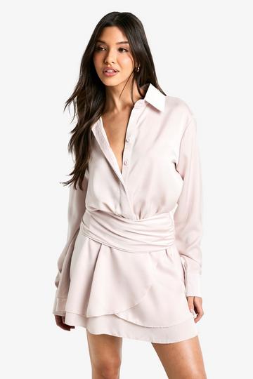 Satin Ruched Shirt Dress oyster