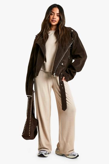 CRINKLE OVERSIZED LONG SLEEVE TOP AND WIDE LEG TROUSER CO-ORD SET stone