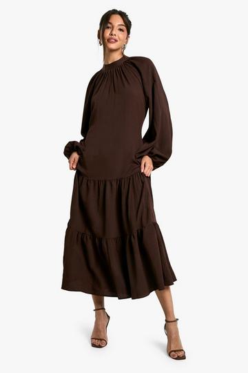 Textured Volume Smock Midaxi Dress chocolate