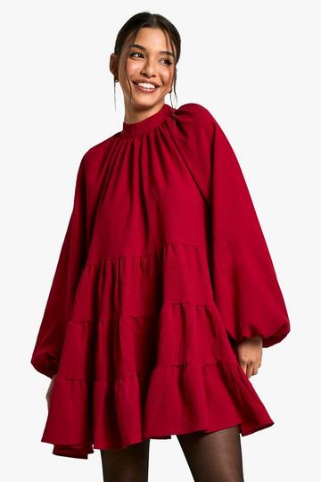 Burgundy Red Textured Volume Smock Dress