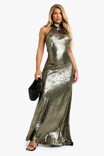 Robe longue métallisée satinée à dos nu bronze