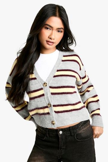 Grey Stripe Brushed Knit Crop Cardigan