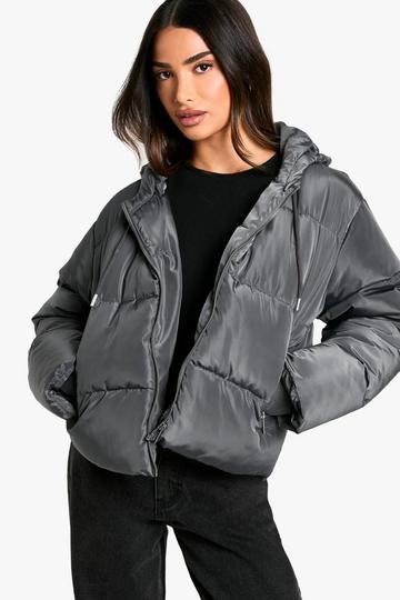 Petite Hooded Short Puffer dark grey