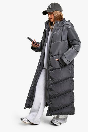 Petite Hooded Maxi Length Puffer dark grey