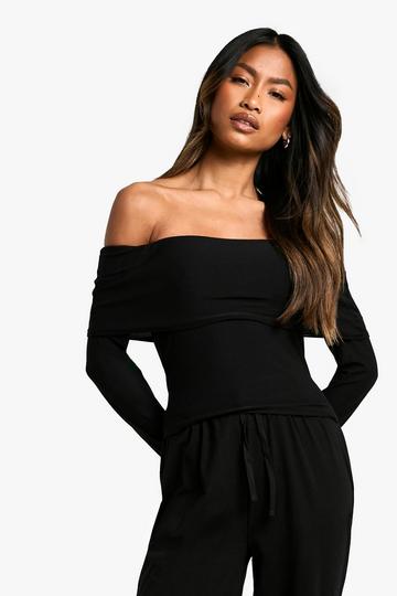 Soft Touch Fold over Bardot lounge top black