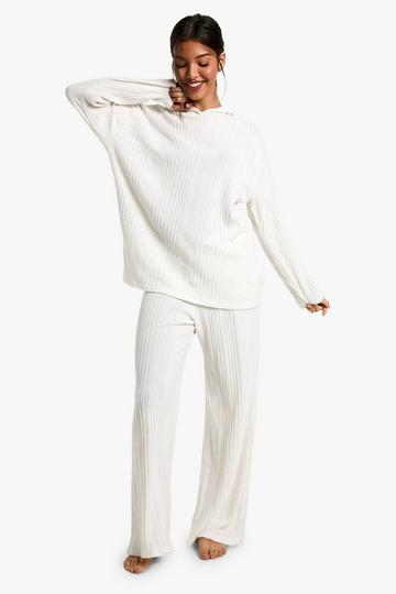 Cream White Ribbed Soft Knit Lounge Hoodie & Trouser Set