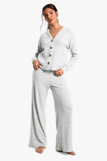 Soft Knit Button Up Cardigan & Trouser Lounge Set grey