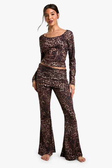 Multi Leopard Print Fold over Flared Lounge Trousers