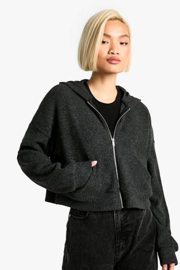 Korte Gebreide Hoodie Met Rits charcoal