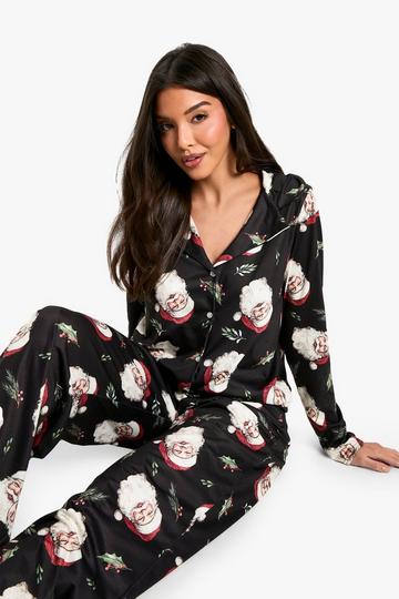 Christmas Vintage Santa Print Long Sleeve Shirt and trouser Pyjama set black