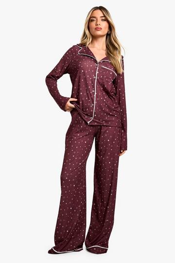 Soft Touch Star Print Long Sleeve Shirt And Pants Pyjama Set burgundy