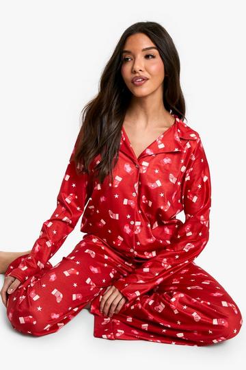 Christmas Stocking Print Long Sleeve Shirt and Trouser Pyjama Set red