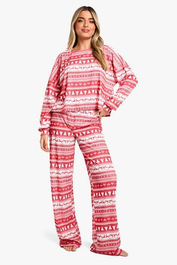 Christmas Fairisle Print Jersey Lounge Trouser Pyjama Set red