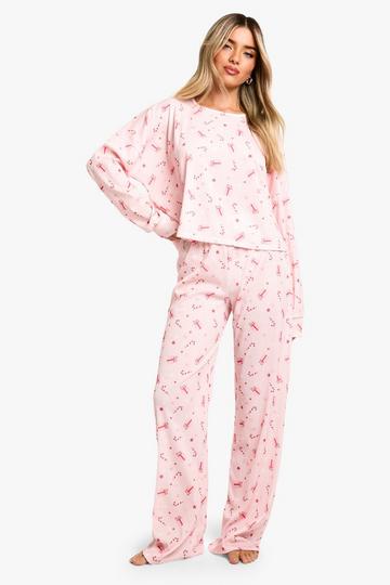 Christmas Present Print Jersey Lounge Trouser Pyjama Set pink