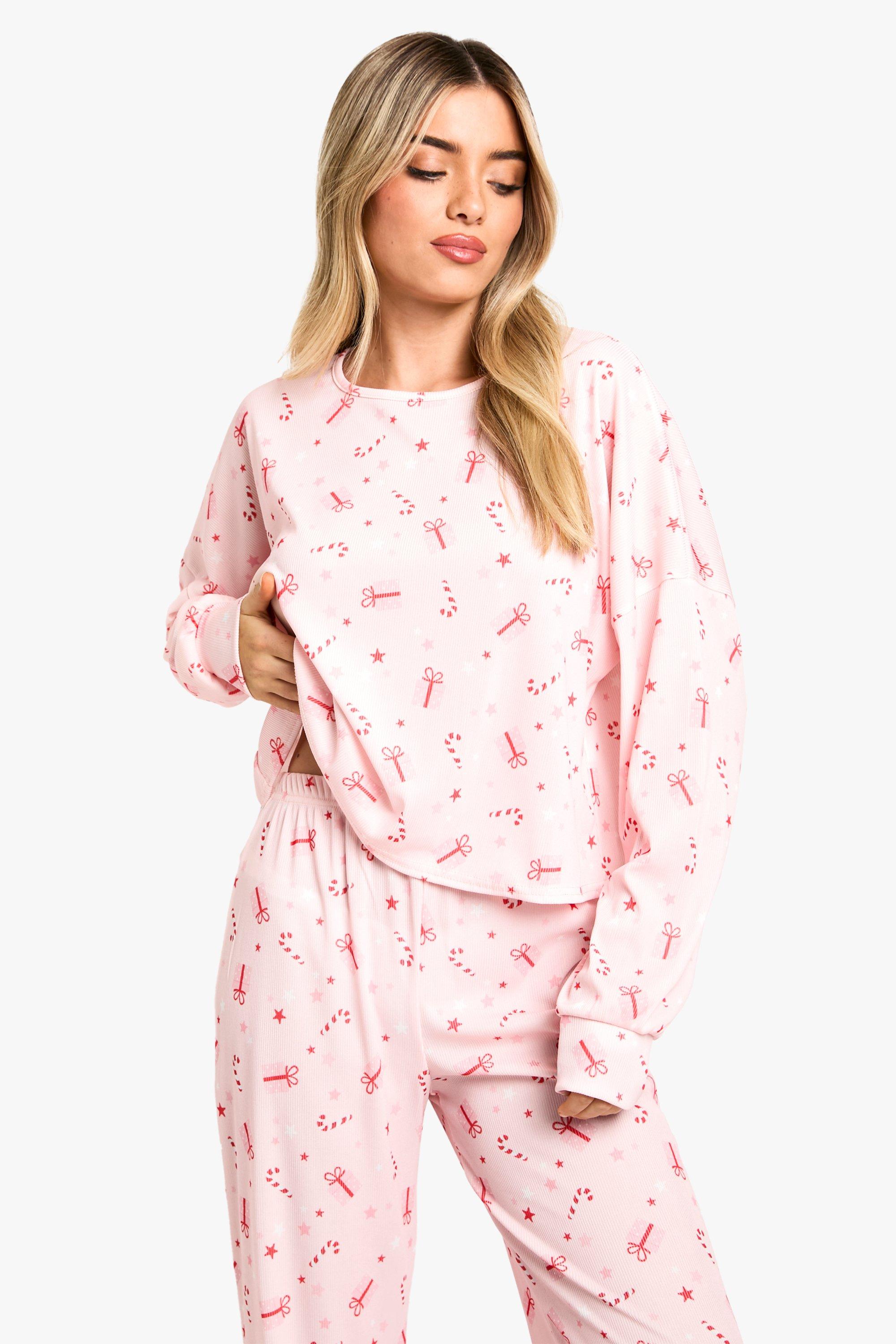 Boohoo Women s Christmas Present Print Jersey Lounge Trouser Pyjama Set Pink