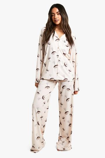 Pyjama Set Met Espresso Print Shirt Met Lange Mouwen En Broek beige