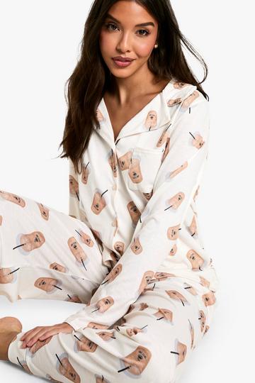 Latte Print Overhemd Met Lange Mouwen En Korte Pyjama Set beige