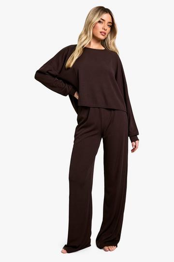 Jersey Long Sleeve Top & Trousers Lounge Pyjama Set chocolate