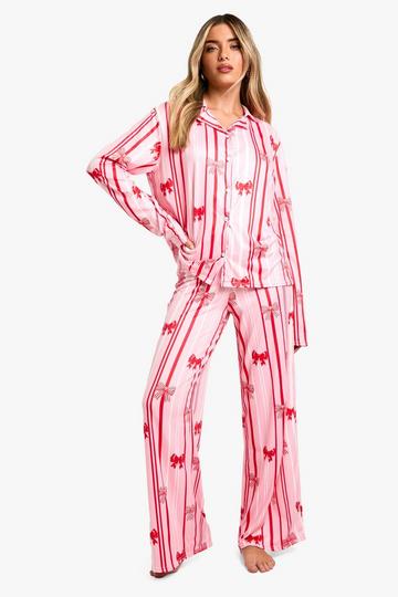 Pink Bow Print Soft Peach Long Sleeve Shirt and Trouser Pjs