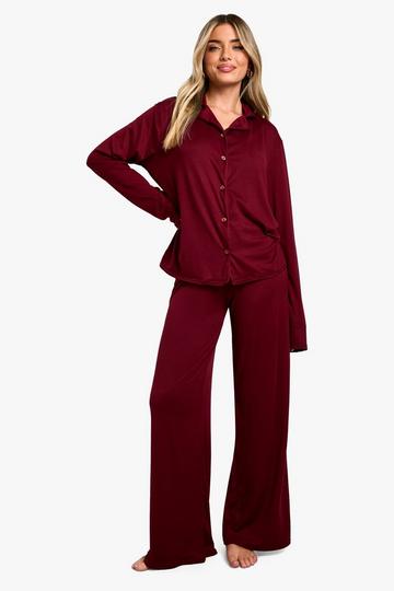 Soft Touch Long Sleeve Shirt and Trouser Pyjama Set burgundy