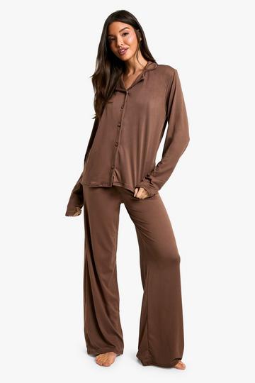 Soft Touch Long Sleeve Shirt & Trousers Pyjama Set chocolate