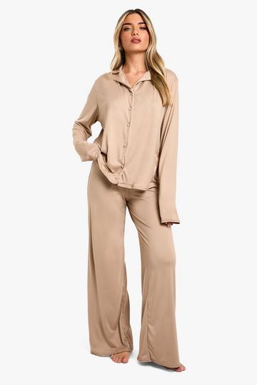 Soft Touch long Sleeve Shirt and Trouser Pyjama Set taupe