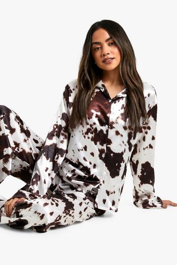 Satin Cow Print Pyjama Long Sleeve Shirt Pants Set chocolate