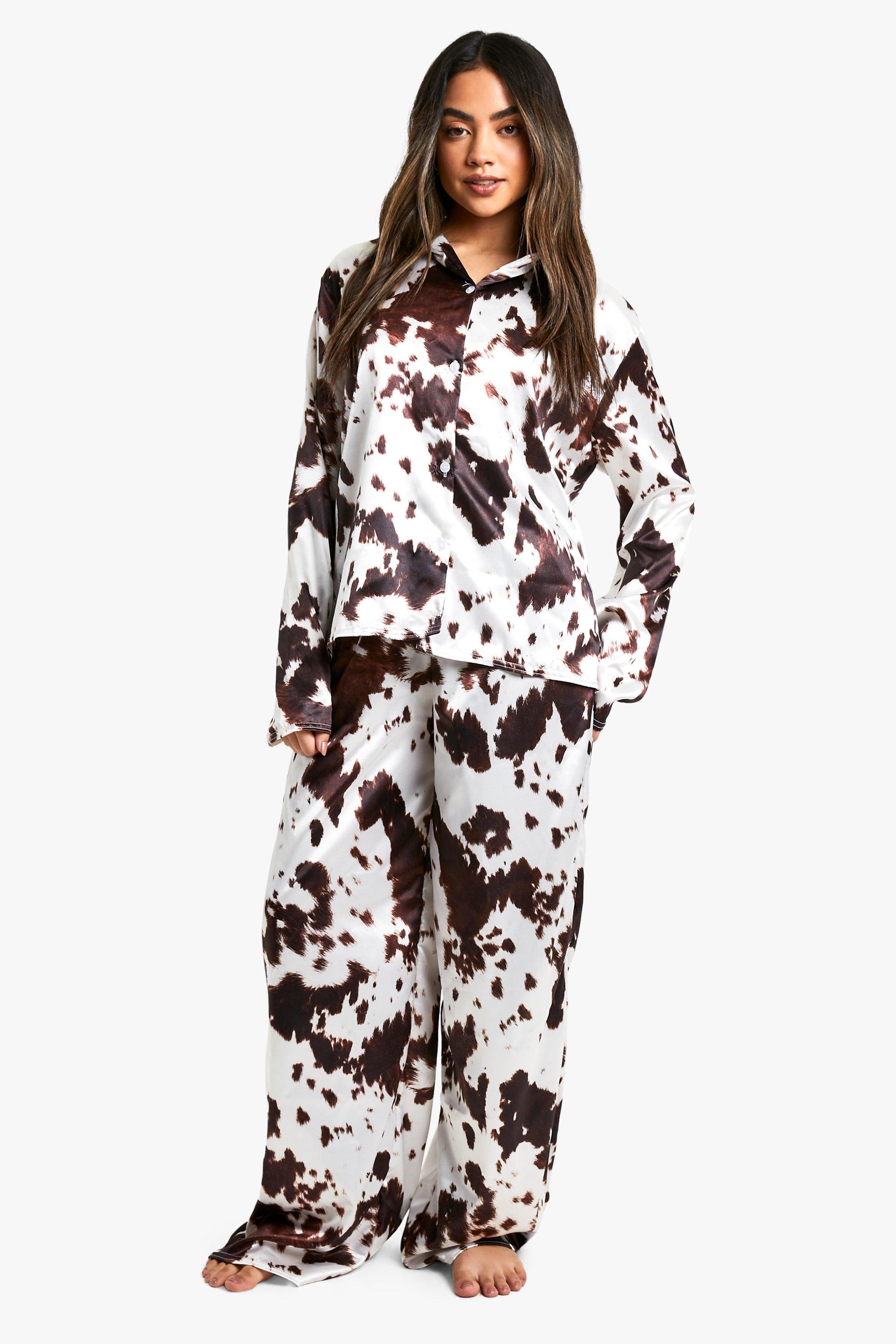 Satin Cow Print Pyjama Long Sleeve Shirt Trouser Set boohoo