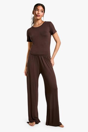 Short Sleeve T-shirt and Wide Leg Trouser Pyjama Set chocolate