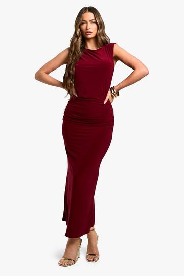 Front Ruched Cap Sleeve Midaxi Dress wine