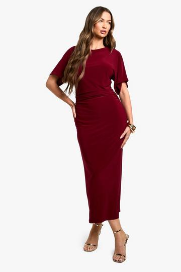 Short Sleeve Cinched Waist Midaxi Dress wine