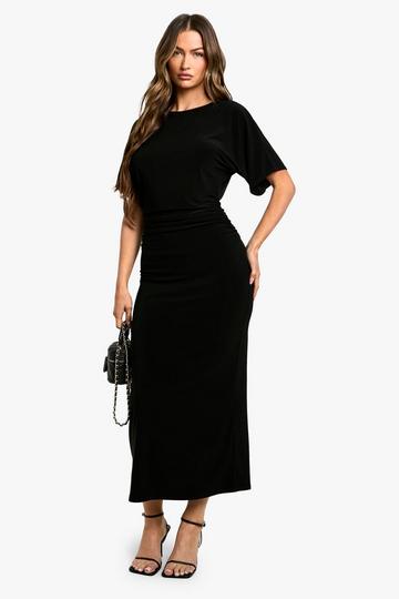 Short Sleeve Cinched Waist Midaxi Dress black