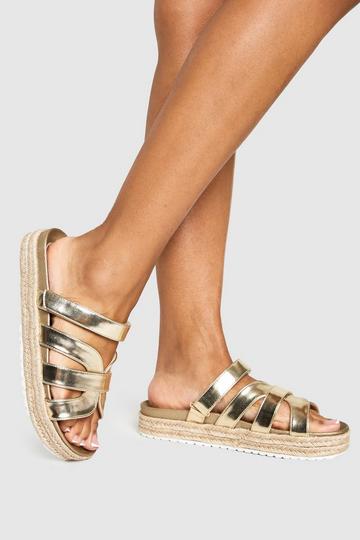 Metallic Cross Strap Flatform Sandals gold