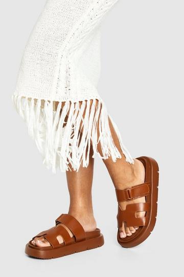 Tan Brown Wide Fit Block Double Strap Sandals
