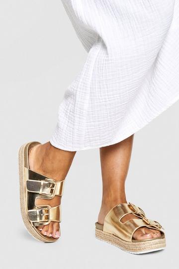 Metallic Buckle Strap Flatform Sandals gold
