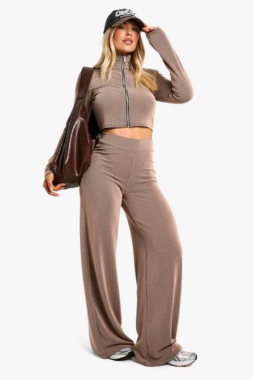 2 Tone Rib Zip Front Top & Wide Leg Trousers rose