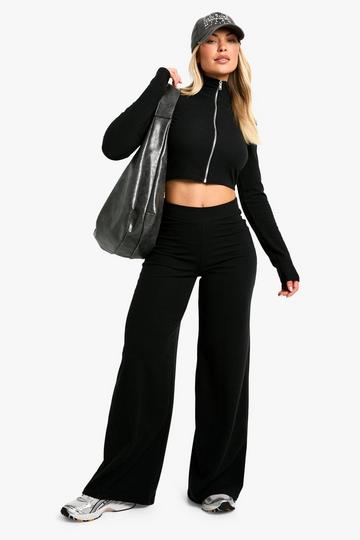 2 Tone Rib Zip Front Top & Wide Leg Trousers black