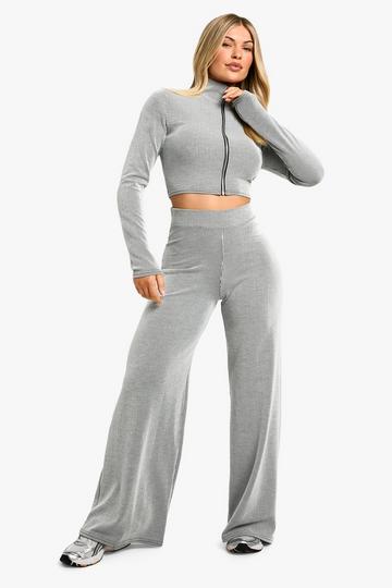 2 Tone Rib Zip Front Top & Wide Leg Trousers grey