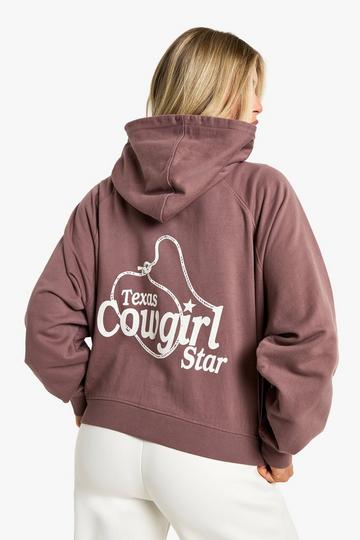 Texas Cowgirl Star Slogan Back Print Zip Through Boxy Crop Hoodie mocha