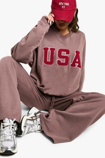 USA V Neck Oversized Sweatshirt mocha