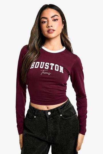 Houston Texas Slogan Printed Long Sleeve Top burgundy