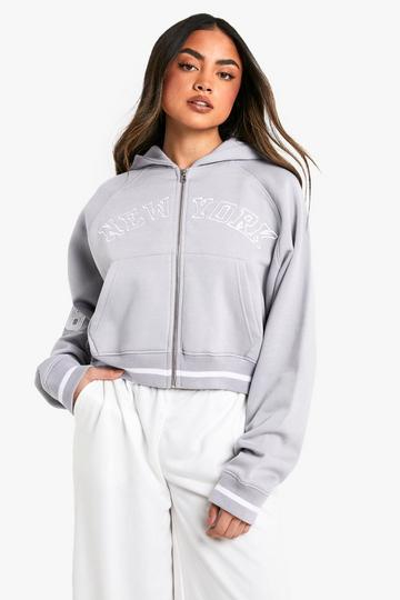 Grey New York Slogan 06 Zip Through Boxy Crop Hoodie