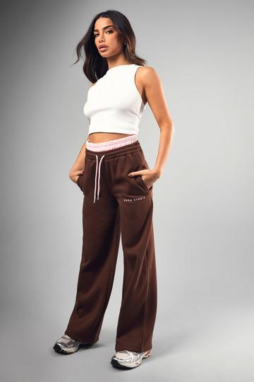 Chocolate Brown Petite Contrast Waist Wide Leg Jogger