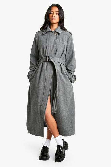 Grey Petite Belted Herringbone Wool Look Coat