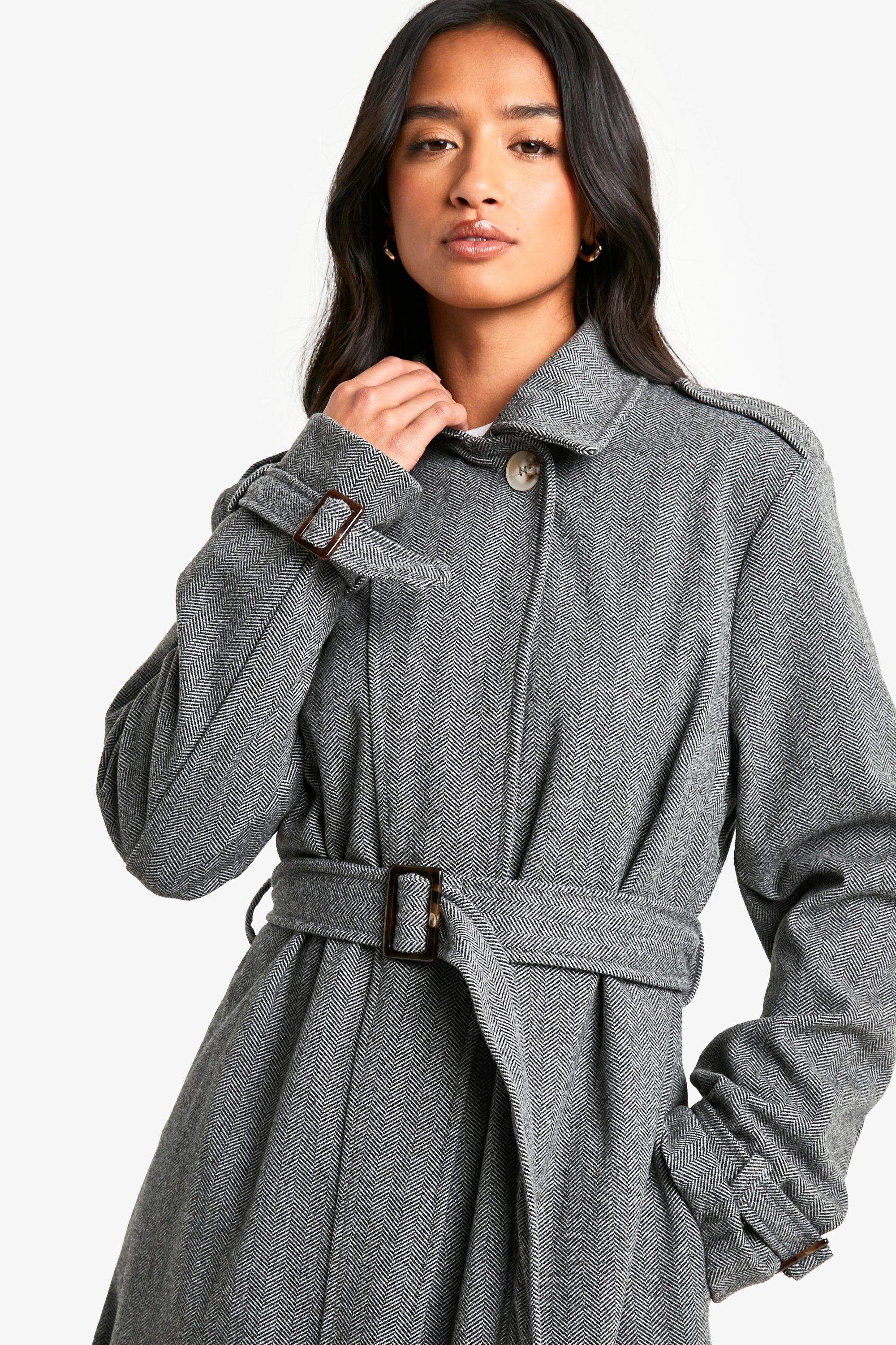 Boohoo Women s Petite Belted Herringbone Wool Look Coat Grey