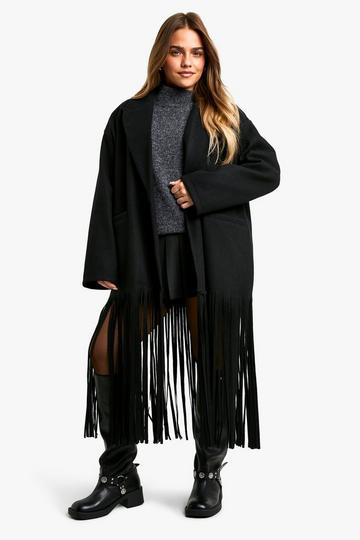 Black Petite Fringe Detail Wool Look Coat