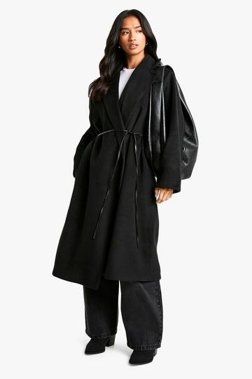 Petite Faux Leather Belt Wool Look Coat black