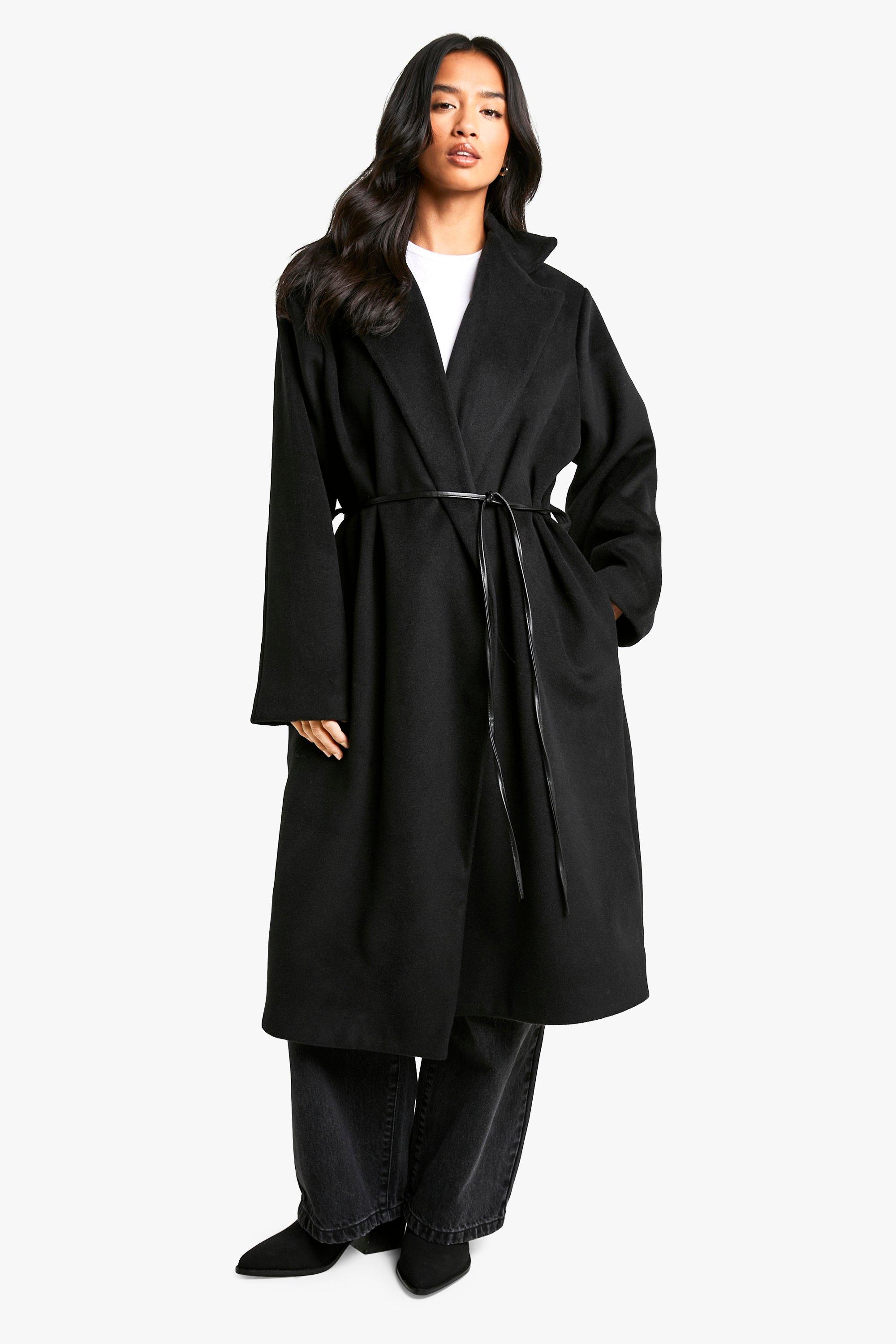 Boohoo Women s Petite Faux Leather Belt Wool Look Coat