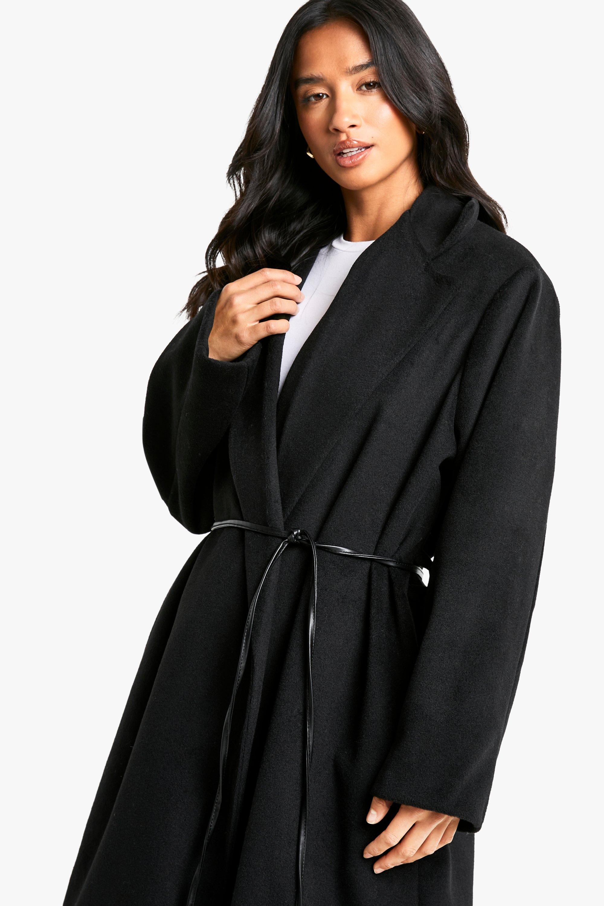 Petite Faux Leather Belt Wool Look Coat